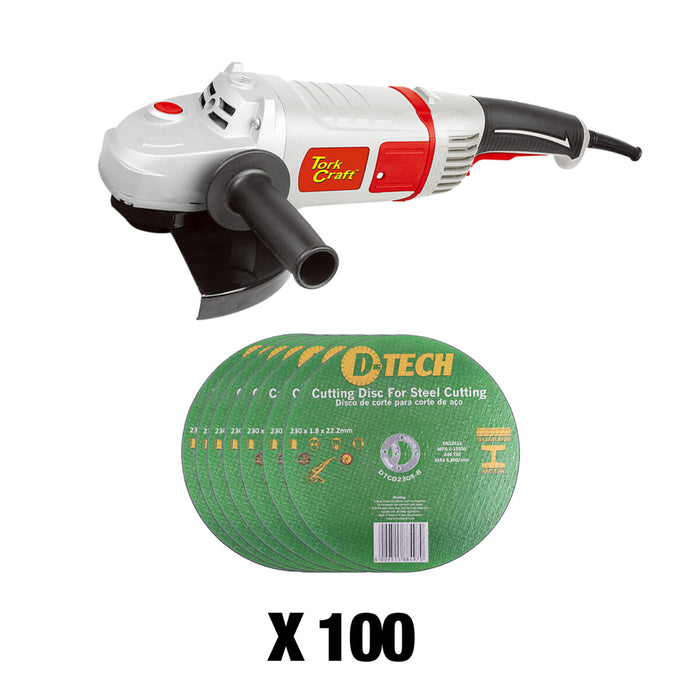 Tork Craft Angle Grinder & 100 D-Tech Steel Cutting Discs: Powerful Tool for Metalworking, Model DTCD230S-100X2 with TCAG0230