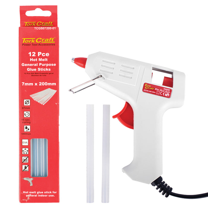 Tork Craft Glue Gun with Hot Melt Glue Sticks 12 Pce (7mm) Power Tool