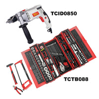 Tork Craft Impact Drill 850 W & Cantilever Tool Box 88 Pc Combo Torkit061