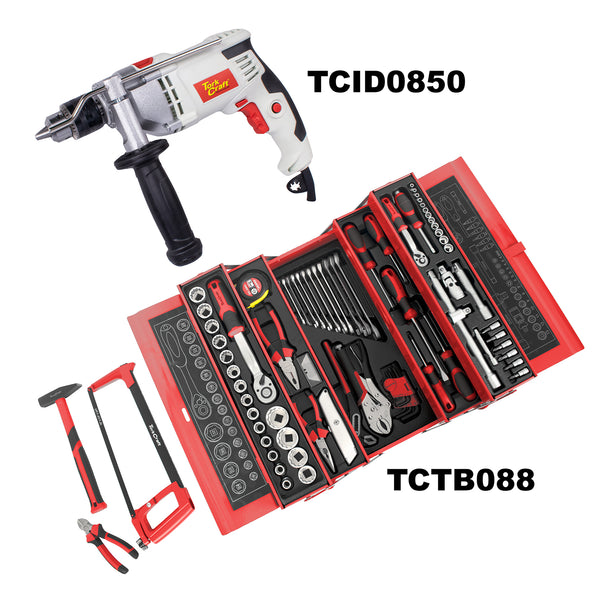 Tork Craft Impact Drill 850 W & Cantilever Tool Box 88 Pc Combo Torkit061