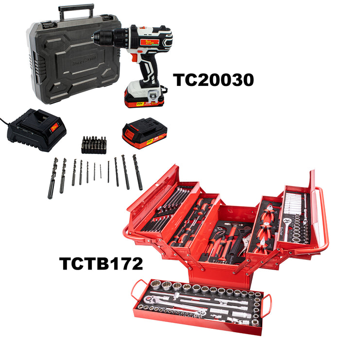 Tork Craft Imp Drill Driver 20 V 13 Mm & Cantilever Tool Box 172 Pc Combo Torkit062