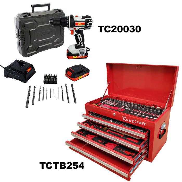 Tork Craft Imp Drill Driver 20 V 13 Mm & Cantilever Tool Box 254 Pc Combo Torkit063