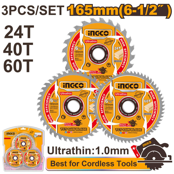 INGCO ACC BLADE TCT  SET 24-60T 165MM WOOD 3PCS