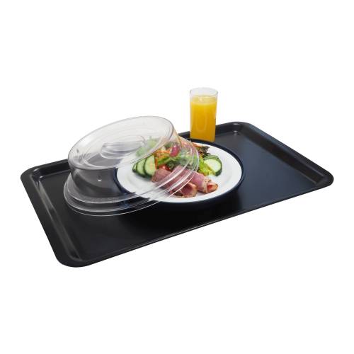 Black rectangular food tray with covered patient meal, orange juice. Hospital food service equipment from chavda.com.