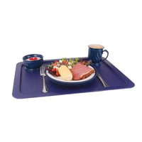 Blue food tray with meal, drink, and yogurt. Hospital tray, non-slip surface.