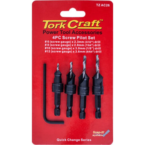 Tork Craft 4PC Screw Pilot & Countersink Drill Bit Set - Power Tool Accessories