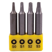 Square Recess Screwdriver Bit Set 4pc - S0, S1, S2, S3 Sizes, 50mm Driver Bits