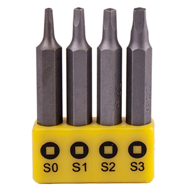 Square Recess Screwdriver Bit Set 4pc - S0, S1, S2, S3 Sizes, 50mm Driver Bits