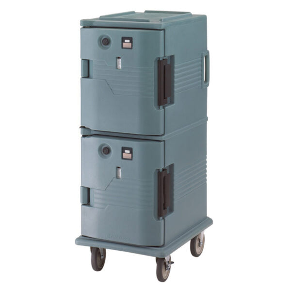 Cambro Heated Food Carrier: Two-Cabinet Front Loader with Wheels, Slate Blue - Mobile Catering, Banquet, Restaurant.