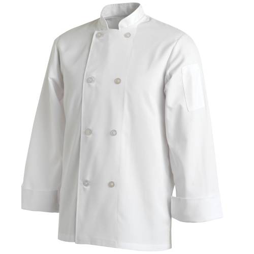 CHEF EQUIP White Chef Jacket Uniform - X Large. Long Sleeve, Double Breasted Poly Cotton Chef's Coat with Pocket - Buy Now!