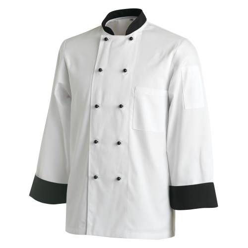 Chef Uniform Jacket Contrast Long Sleeve - Small - Black Collar Cuffs - Chavda.com