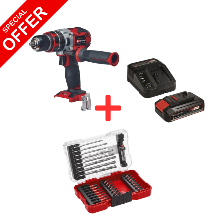 Einhell TP-CD 18 Li Brushless Cordless Impact Drill/Driver Combo Set with 33-Piece Bit Drill Nut M-Case and 18V 2.5Ah Power X-Change Starter Kit