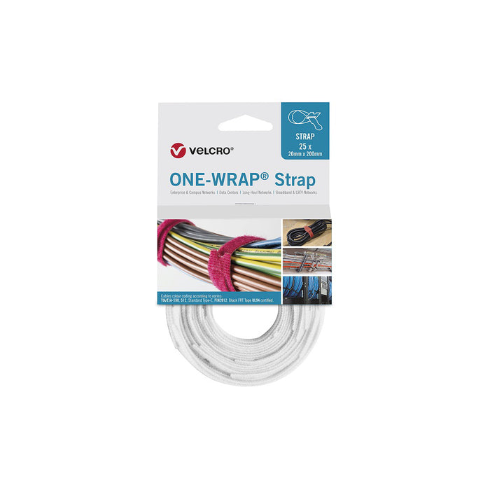 VELCRO ONE WRAP STRAP 20X200MM WHITE (PKT OF 25) - VELCRO-20X200X25-WHT