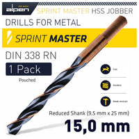 Alpen HSS Sprint Master Drill Bit 15mm Reduced Shank 9.5mm - Metal Drilling