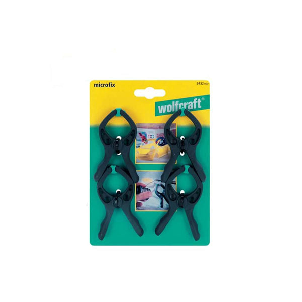 WOLFCRAFT Microfix Spring Clamps 30mm, 4-Piece Set. Black Clamps for Model Making and Craft Projects.