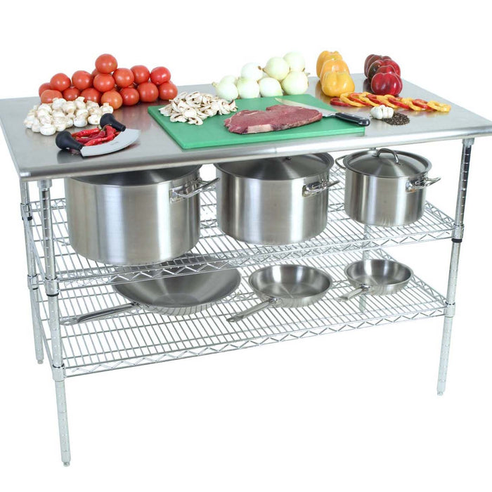 Stainless Steel Commercial Kitchen Prep Table 1300x690x870mm, Two-Tier Restaurant Work Table, Metal Storage Shelves