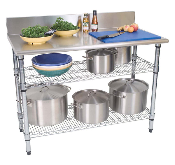 2-Tier Stainless Steel Work Table with Shelves and Splashback for Kitchen & Commercial Use