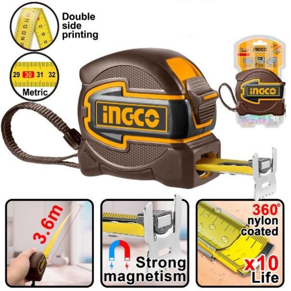 INGCO Magnetic Tape Measure 5m x 32mm: Rubber Coated, Double Sided, Strong Magnet, 360 Nylon Coating. HSMT80532M