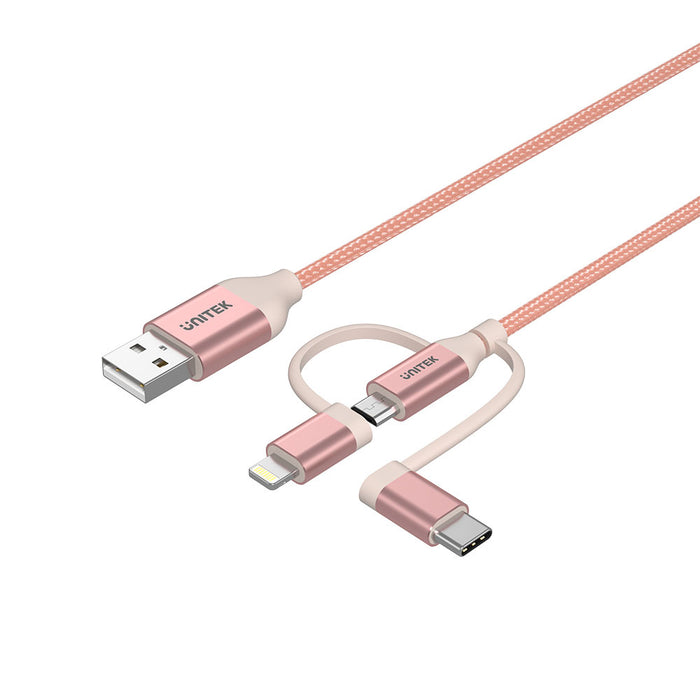 UNITEK Y-C4036ARG 1M 3-IN-1 USB2.0 TYPE-C M TO MICRO MULTI CHARGING CABLE WITH LIGHTNING ADAPTER (ROSE GOLD) - CAB-USB-3IN1-M