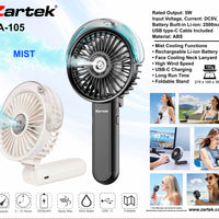 Zartek Rechargeable Handheld MIST Fan, 3 levels, USB type-C, Battery Built-in 2500mAH, Foldable Stand, Neck Lanyard, 30ml water capacity , includes water refill bottle. Colour: BLACK