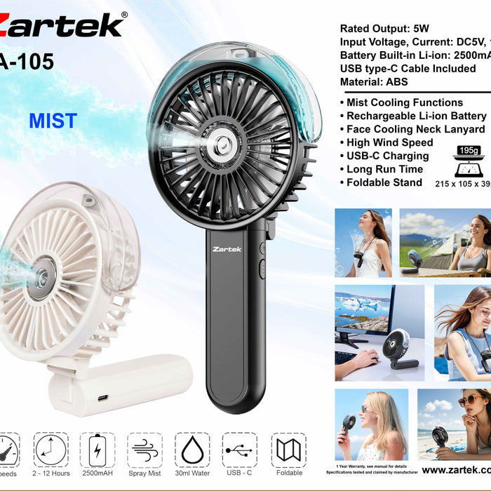 Zartek Rechargeable Handheld MIST Fan, 3 levels, USB type-C, Battery Built-in 2500mAH, Foldable Stand, Neck Lanyard, 30ml water capacity , includes water refill bottle. Colour: BLACK