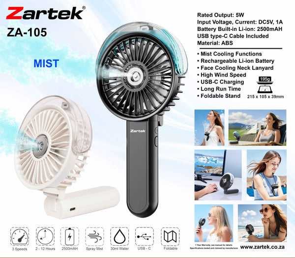 Zartek Rechargeable Handheld MIST Fan, 3 levels, USB type-C, Battery Built-in 2500mAH, Foldable Stand, Neck Lanyard, 30ml water capacity , includes water refill bottle. Colour: BLACK