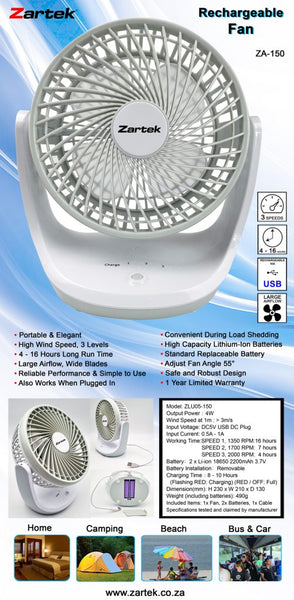 Zartek ZA-150 Rechargeable Portable Fan – White/Grey