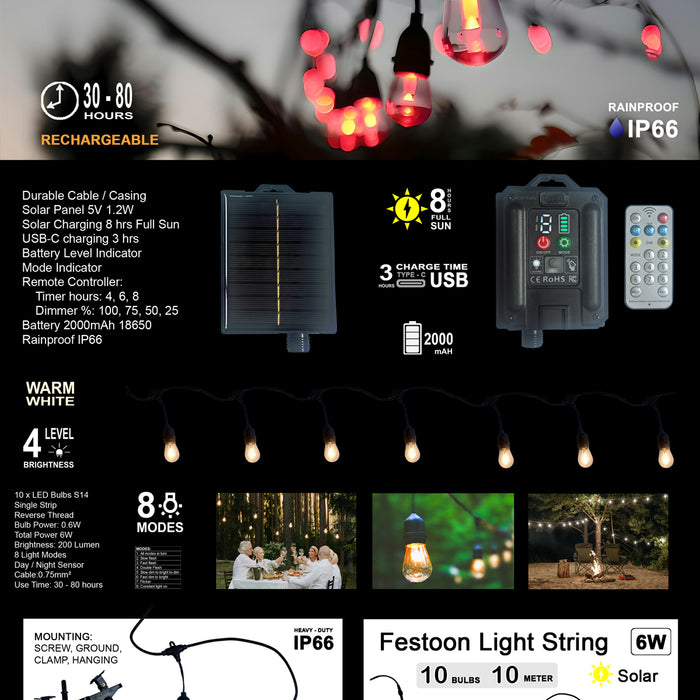 Zartek ZA-371 Solar Festoon Light String 10m 10 LED Bulbs 200 Lumen 8 Modes with Remote IP66