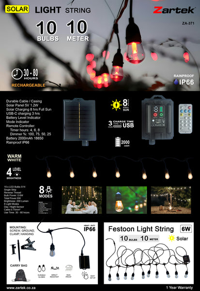 Zartek ZA-371 Solar Festoon Light String 10m 10 LED Bulbs 200 Lumen 8 Modes with Remote IP66