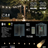 Zartek ZA-372 Solar Festoon Light String 20m 20 LED Bulbs 500 Lumen 8 Modes with Remote IP66