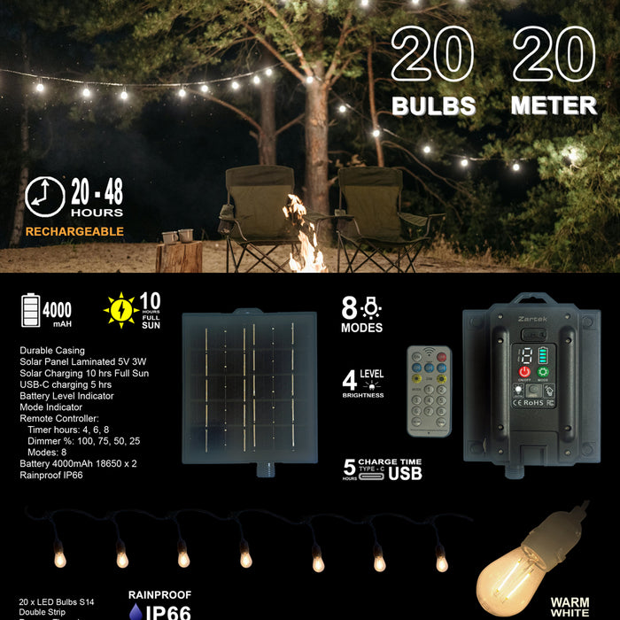Zartek ZA-372 Solar Festoon Light String 20m 20 LED Bulbs 500 Lumen 8 Modes with Remote IP66