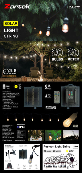 Zartek ZA-372 Solar Festoon Light String 20m 20 LED Bulbs 500 Lumen 8 Modes with Remote IP66