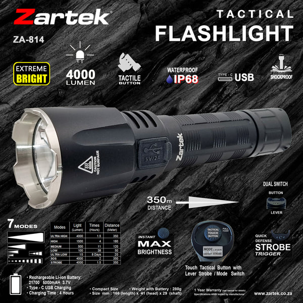 Zartek ZA-814 High Bright 4000 Lumen Tactical Flashlight