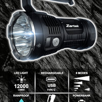 Zartek Extreme Bright Flashlight 12000 Lm,  6 x SST40 Luminus LED 120W, OLED Display, USB type-C Rechargeable, Aluminium, 
Mains plug in charger, 3 x battery 21700 5000mAH, Powerbank