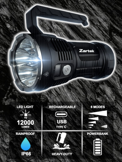 Zartek Extreme Bright Flashlight 12000 Lm,  6 x SST40 Luminus LED 120W, OLED Display, USB type-C Rechargeable, Aluminium, 
Mains plug in charger, 3 x battery 21700 5000mAH, Powerbank