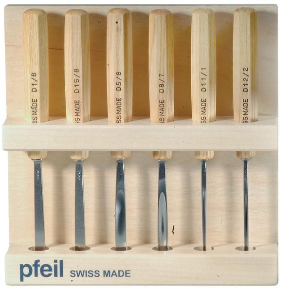 Pfeil Swiss Made Chisel Set, 6-Piece Wood Carving Tools, D1/8, D1S/8, D5/8, D8/7, D11/1, D12/2, Woodworking Hand Tools