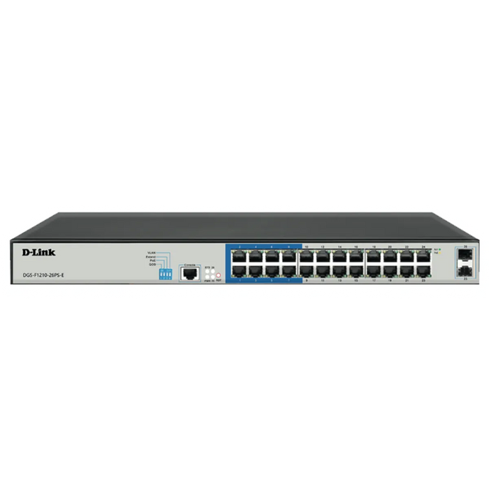 24 PoE 10/100/1000 ports + 2 Gigabit SFP ports Long Range Smart Switch 250W total POE budget; Max distance of 250m-DGS-F1210-26PS-E