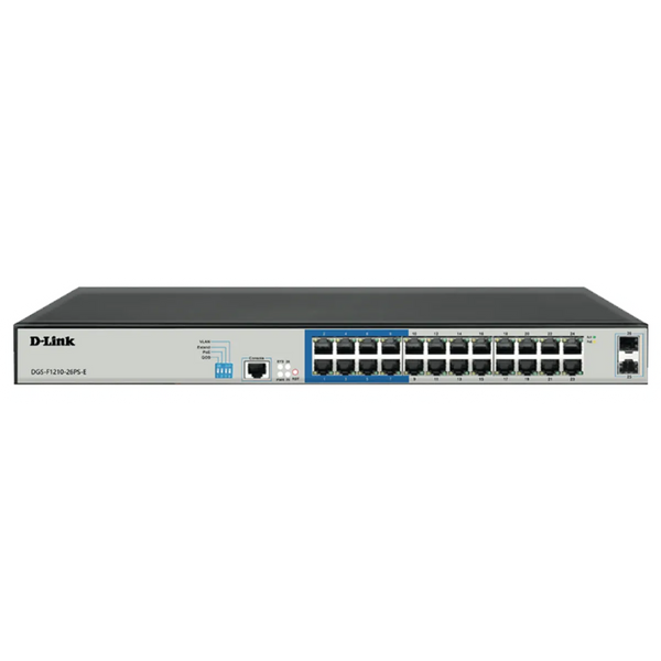 24 PoE 10/100/1000 ports + 2 Gigabit SFP ports Long Range Smart Switch 250W total POE budget; Max distance of 250m-DGS-F1210-26PS-E