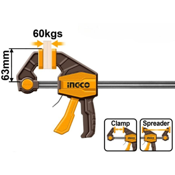 INGCO Quick Bar Clamp 300mm: 60kg Clamping Force, 63mm Jaw Depth, Clamp/Spreader - HQBC01602