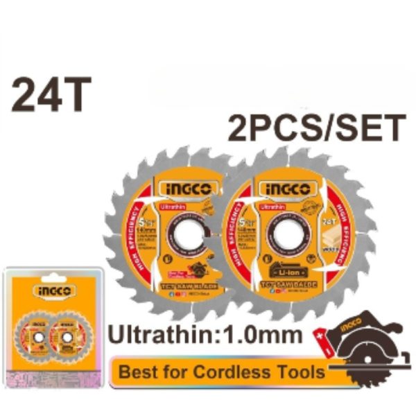INGCO TSB1403 TCT Saw Blades - 24T, 140mm Wood Cutting Discs - Cordless Tool Compatible, 2 Pcs Set