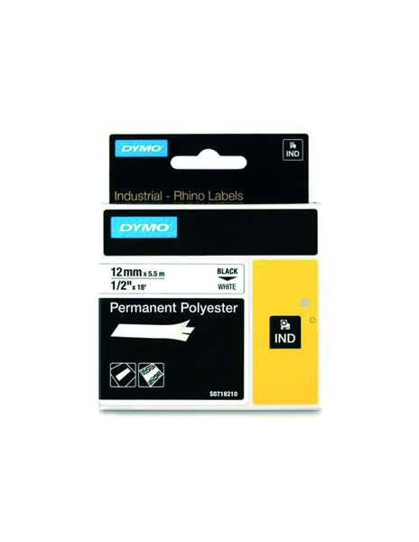 HellermannTyton : Dymo Polyester Tape 12mm x 3.5M  on White - (DYT12PPBKWT)