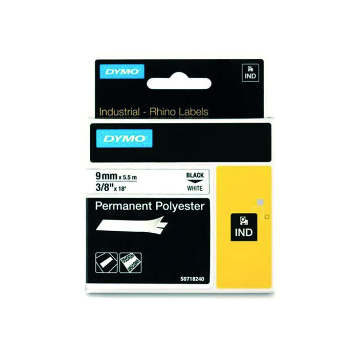 HellermannTyton : Dymo Polyester Tape 9mm x 5.5M  on White - (DYT9PPBKWT)