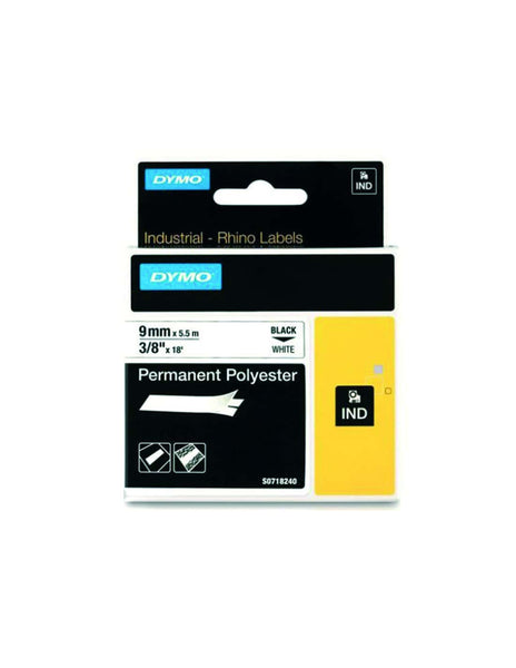 HellermannTyton : Dymo Polyester Tape 9mm x 5.5M  on White - (DYT9PPBKWT)