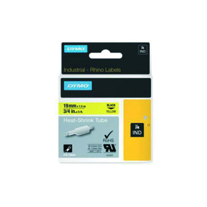 HellermannTyton : Dymo Rhino Heatshrink Tape 19mm x 1.5M  on Yellow - (DYT19HSBKYL)