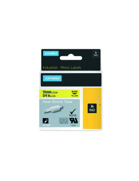 HellermannTyton : Dymo Rhino Heatshrink Tape 19mm x 1.5M  on Yellow - (DYT19HSBKYL)