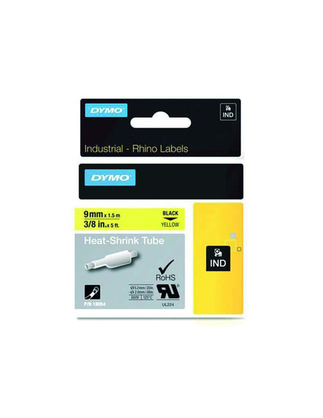 HellermannTyton : Dymo Rhino Heatshrink Tape 9mm-1.5M  on Yellow - (DYT9HSBKYL)
