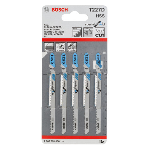 Bosch T227D HSS Jigsaw Blades - Aluminum Cutting Set (5 Pack). Fast Cut Metal Blades