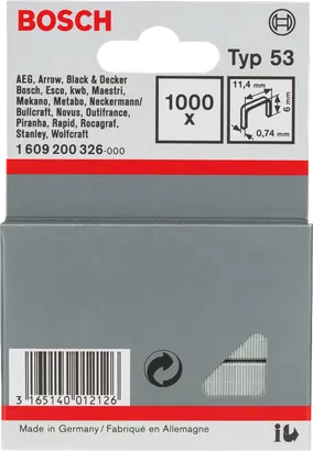 Bosch Type 53 Staples: 11.4mm x 0.74mm - 1000 Count. Staple Gun Fasteners