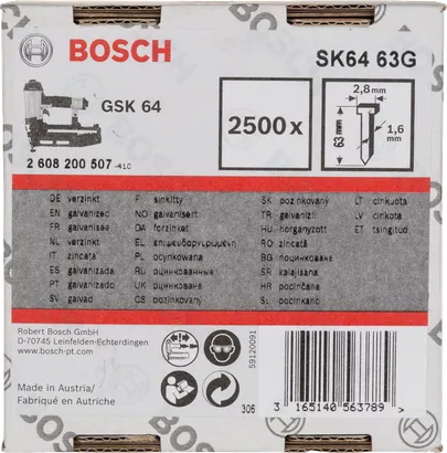 Bosch GSK64 Nails: 63mm Galvanized Brads, 2500 Count. For GSK 64 Nailer (2608200507)
