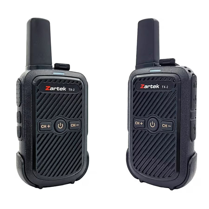 Zartek  TX-2 TWIN PACK Two-way Radios, Small, Compact, incl 2 x Radios, 2 x USB cables, 2 x Li-ion Batteries, 2 x belt clip Cases